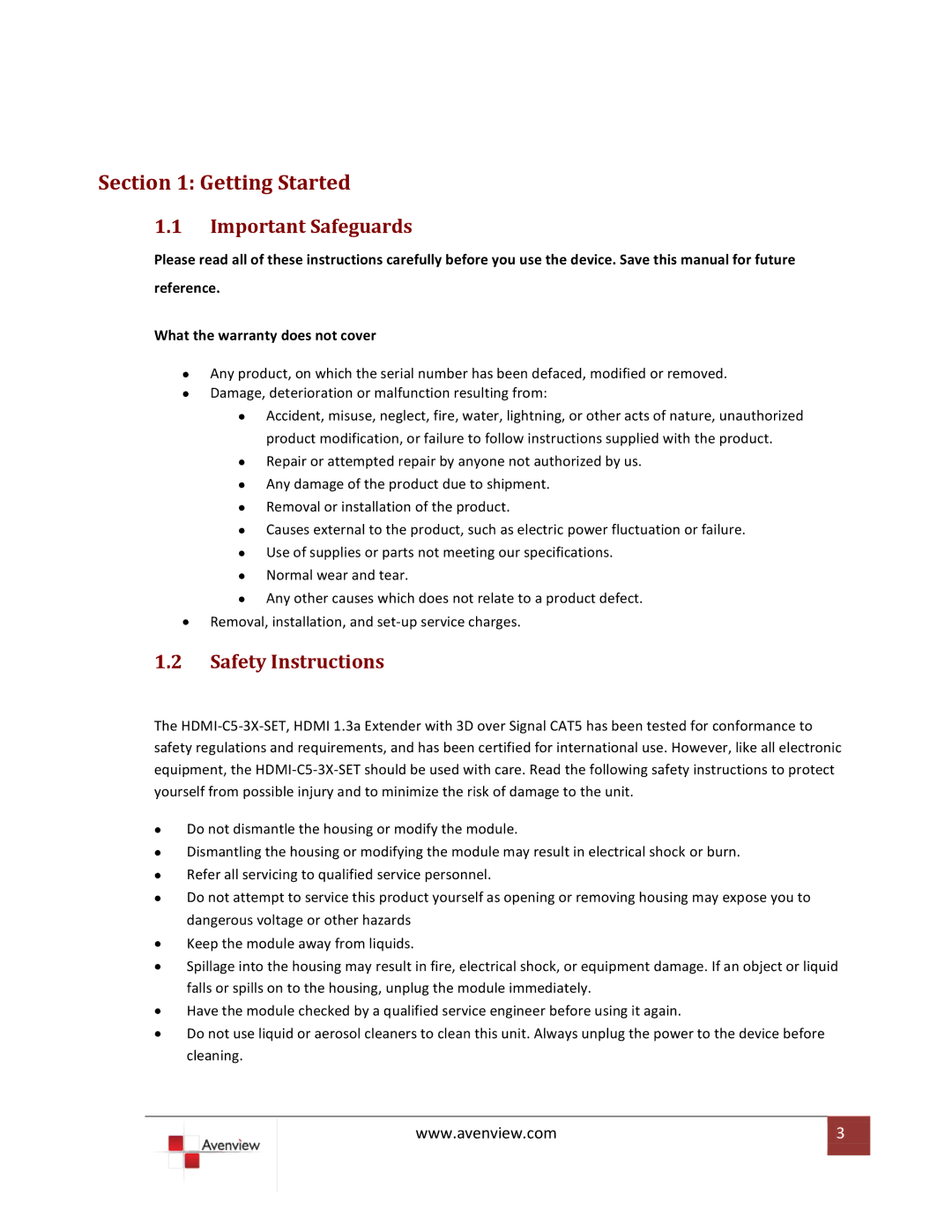 Avenview HDMI-C5-3X-SET specifications Important Safeguards, Safety Instructions 