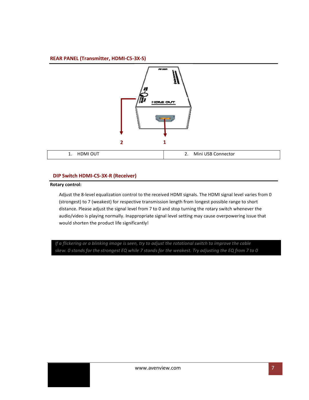 Avenview HDMI-C5-3X-SET specifications Rear Panel Transmitter, HDMI-C5-3X-S 