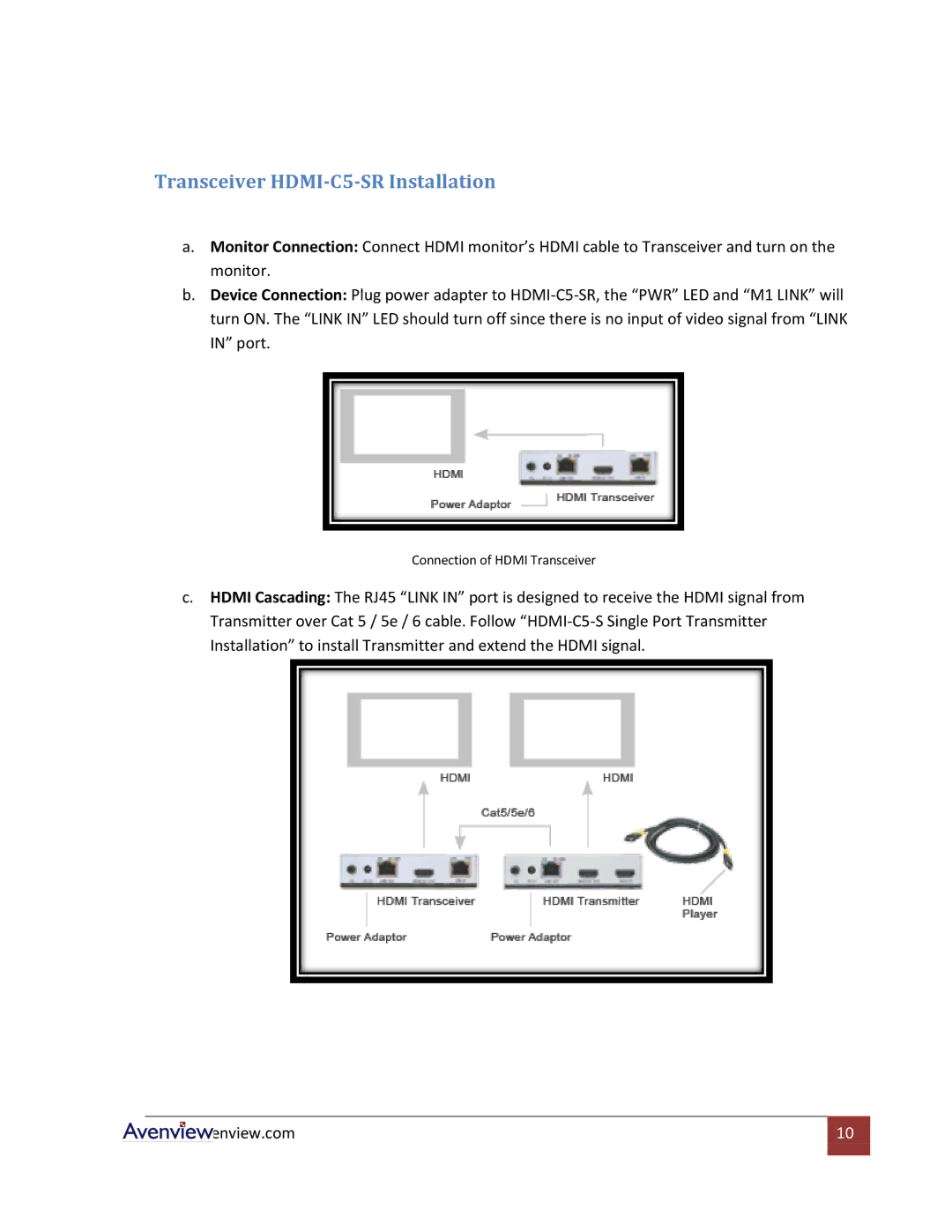 Avenview HDMI-C5-4, HDMI-C5-8 specifications Transceiver HDMI-C5-SR Installation 