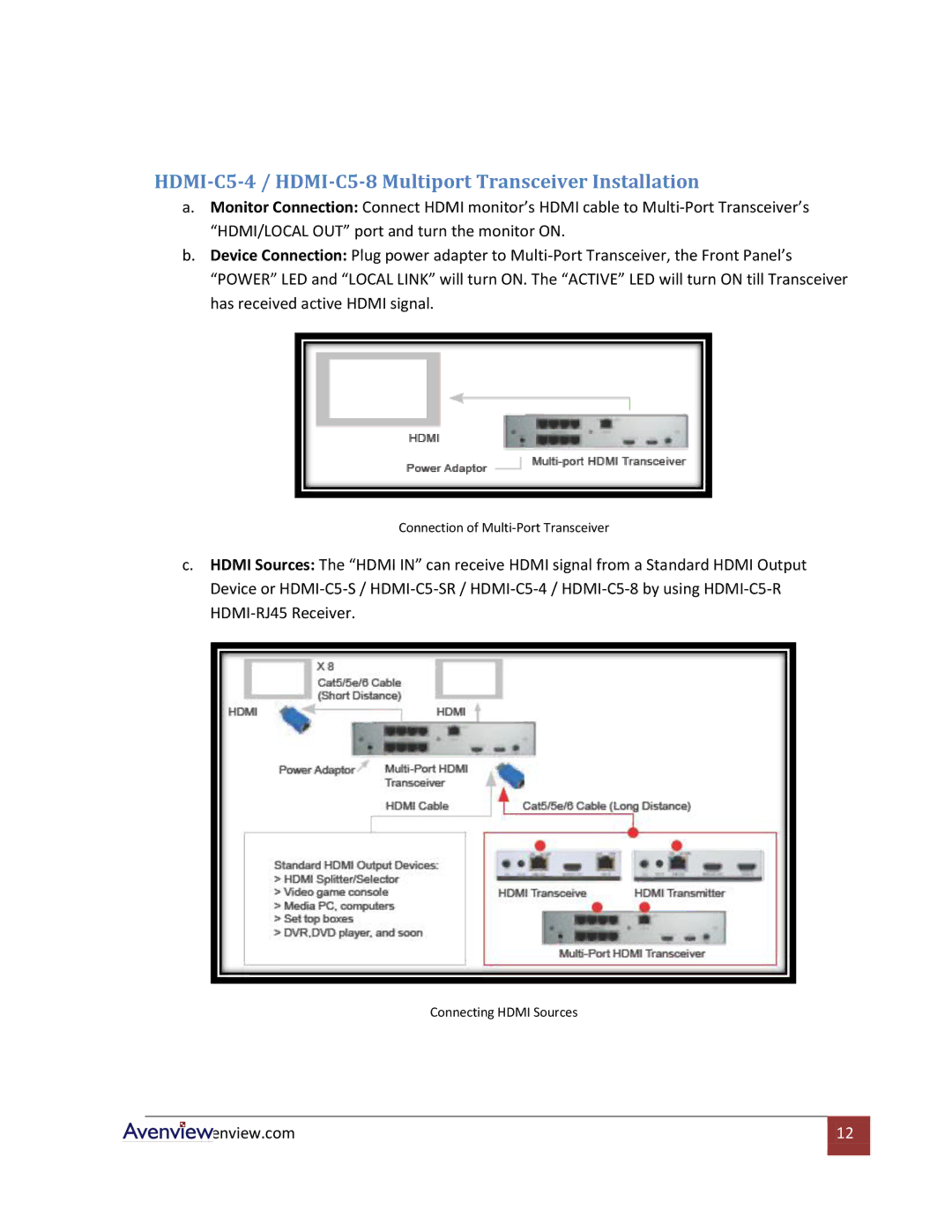 Avenview HDMI-C5-SR specifications HDMI-C5-4 / HDMI-C5-8 Multiport Transceiver Installation 