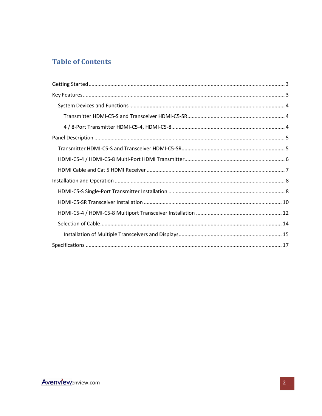 Avenview HDMI-C5-4, HDMI-C5-SR, HDMI-C5-8 specifications Table of Contents 