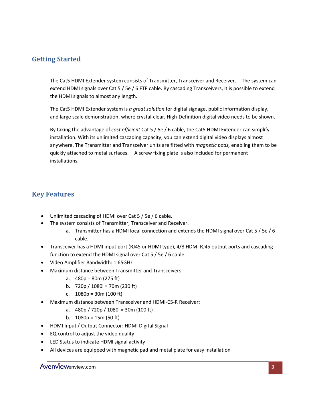 Avenview HDMI-C5-8, HDMI-C5-SR, HDMI-C5-4 specifications Getting Started, Key Features 