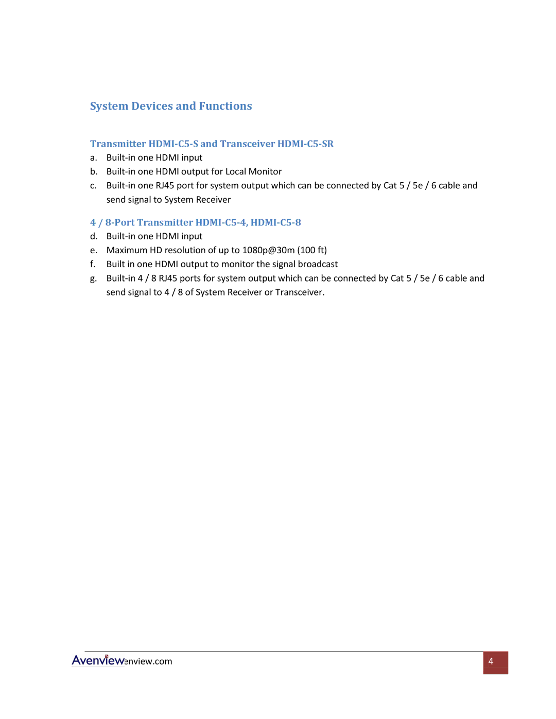 Avenview HDMI-C5-4, HDMI-C5-8 System Devices and Functions, Transmitter HDMI-C5-S and Transceiver HDMI-C5-SR 