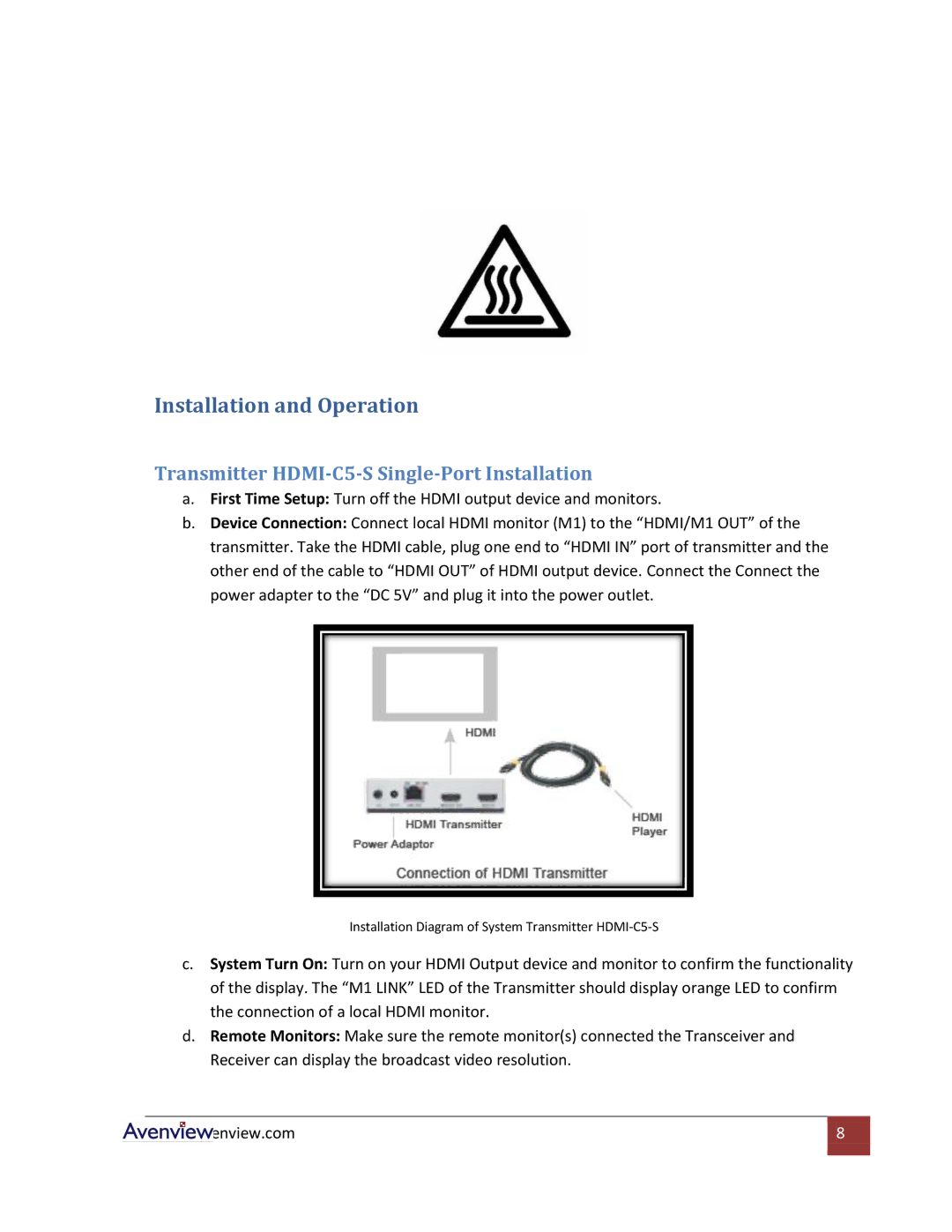 Avenview HDMI-C5-SR, HDMI-C5-4, HDMI-C5-8 Installation and Operation, Transmitter HDMI-C5-S Single-Port Installation 