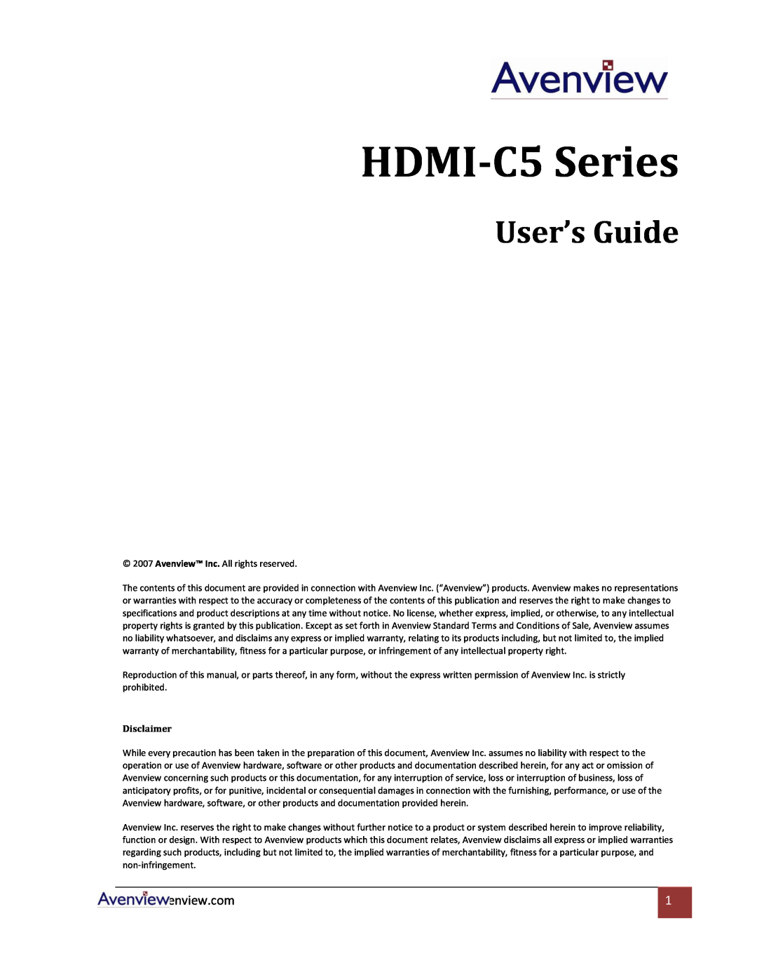 Avenview specifications HDMI-C5 Series, User’s Guide, Disclaimer 