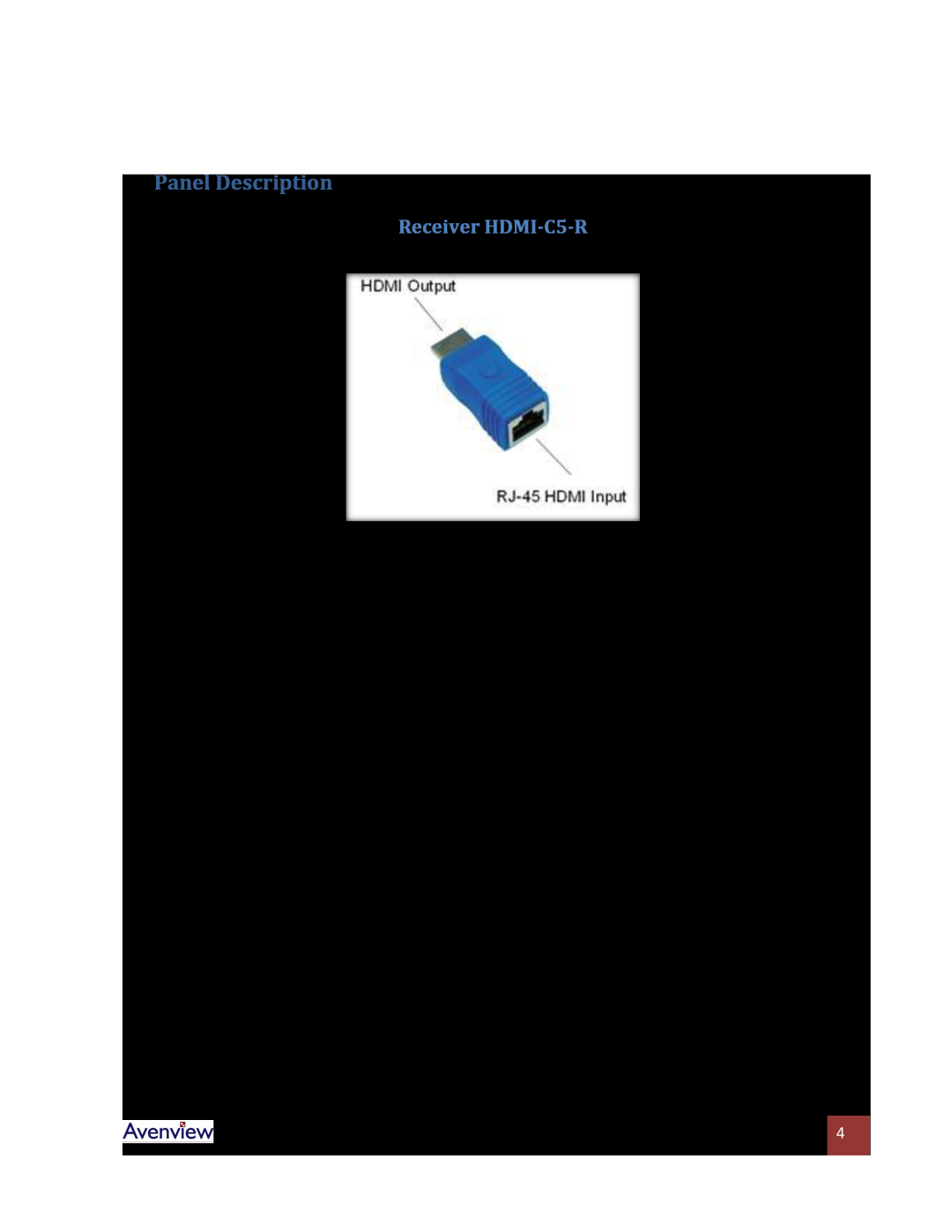 Avenview specifications Panel Description, Receiver HDMI-C5-R 