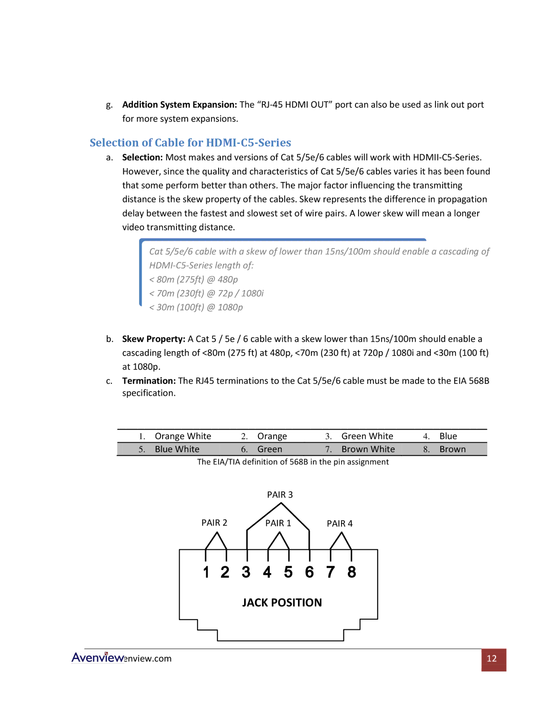 Avenview specifications Jack Position, Selection of Cable for HDMI-C5-Series 