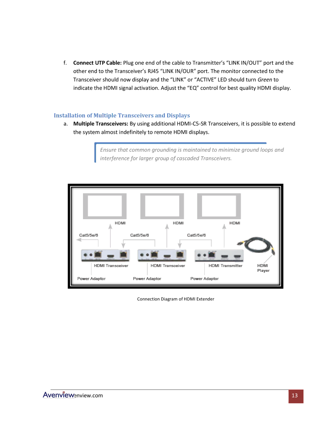 Avenview HDMI-C5 specifications Installation of Multiple Transceivers and Displays 