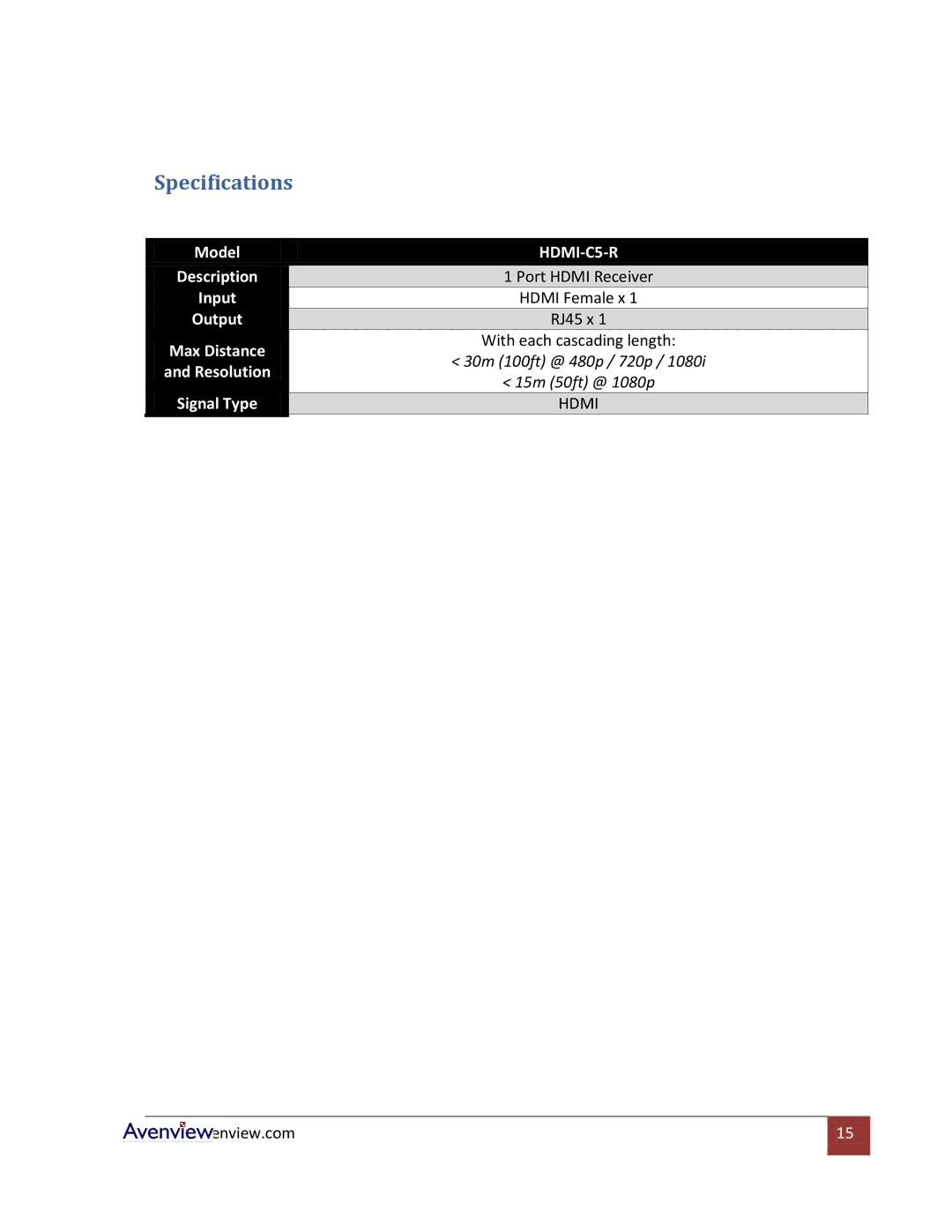 Avenview HDMI-C5 specifications Specifications 