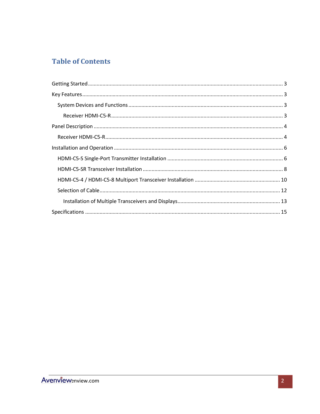 Avenview HDMI-C5 specifications Table of Contents 