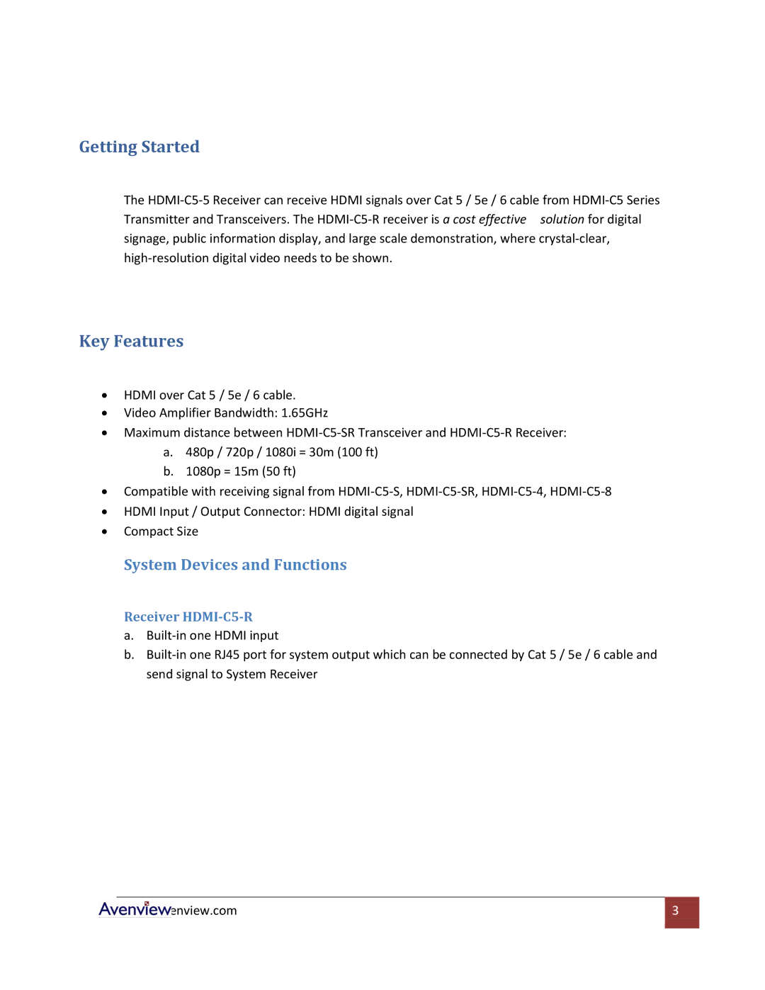 Avenview HDMI-C5 specifications Getting Started, System Devices and Functions 