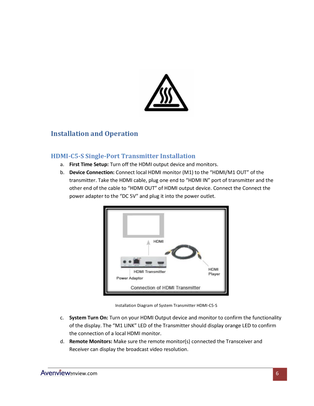 Avenview specifications Installation and Operation, HDMI-C5-S Single-Port Transmitter Installation 