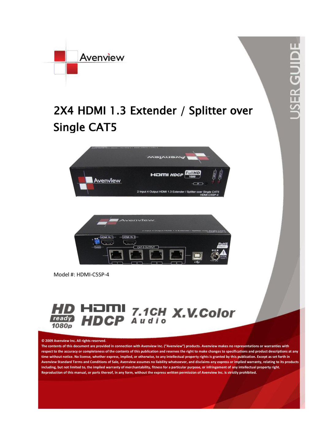 Avenview HDMI-C5SP-4 specifications 2X4 Hdmi 1.3 Extender / Splitter over Single CAT5 