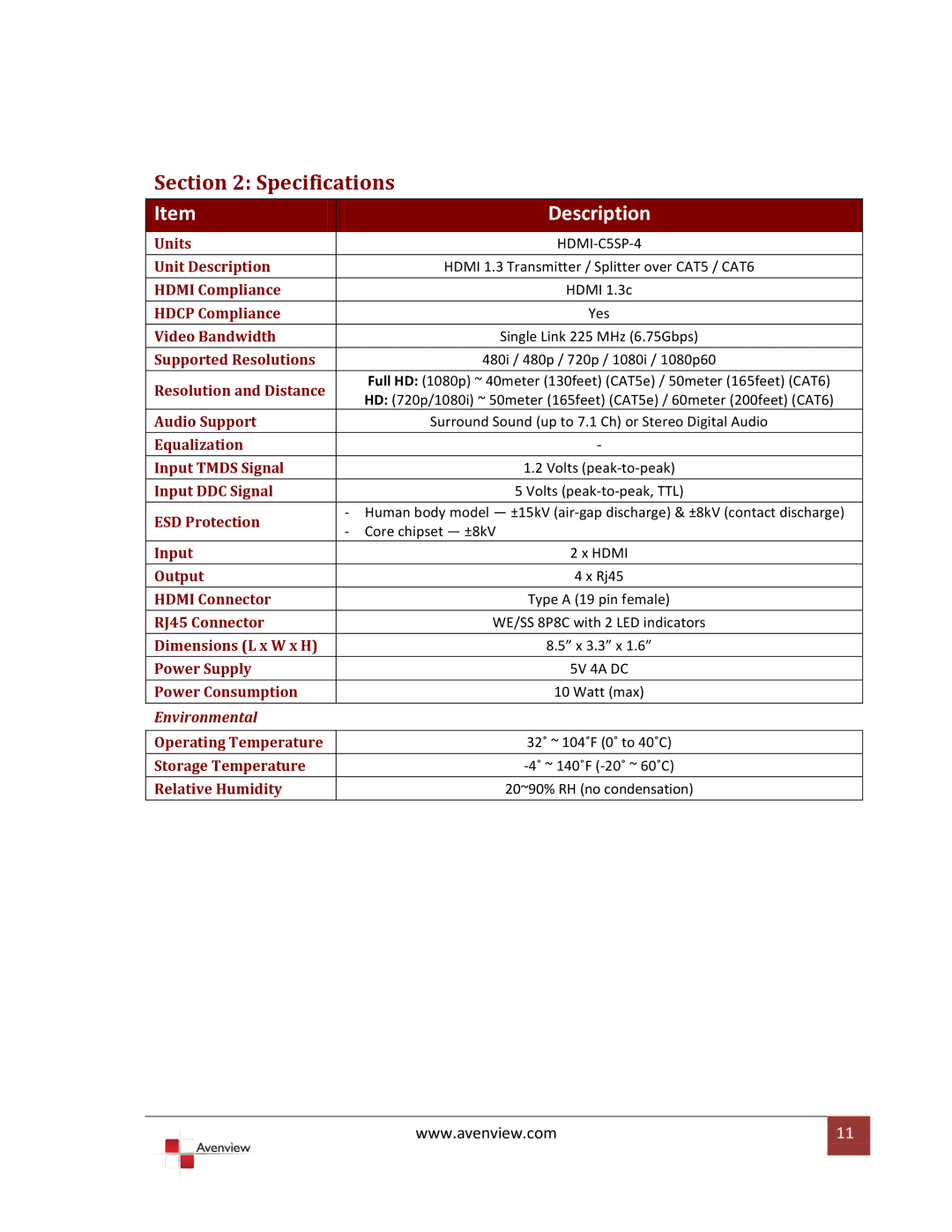 Avenview HDMI-C5SP-4 specifications Specifications 