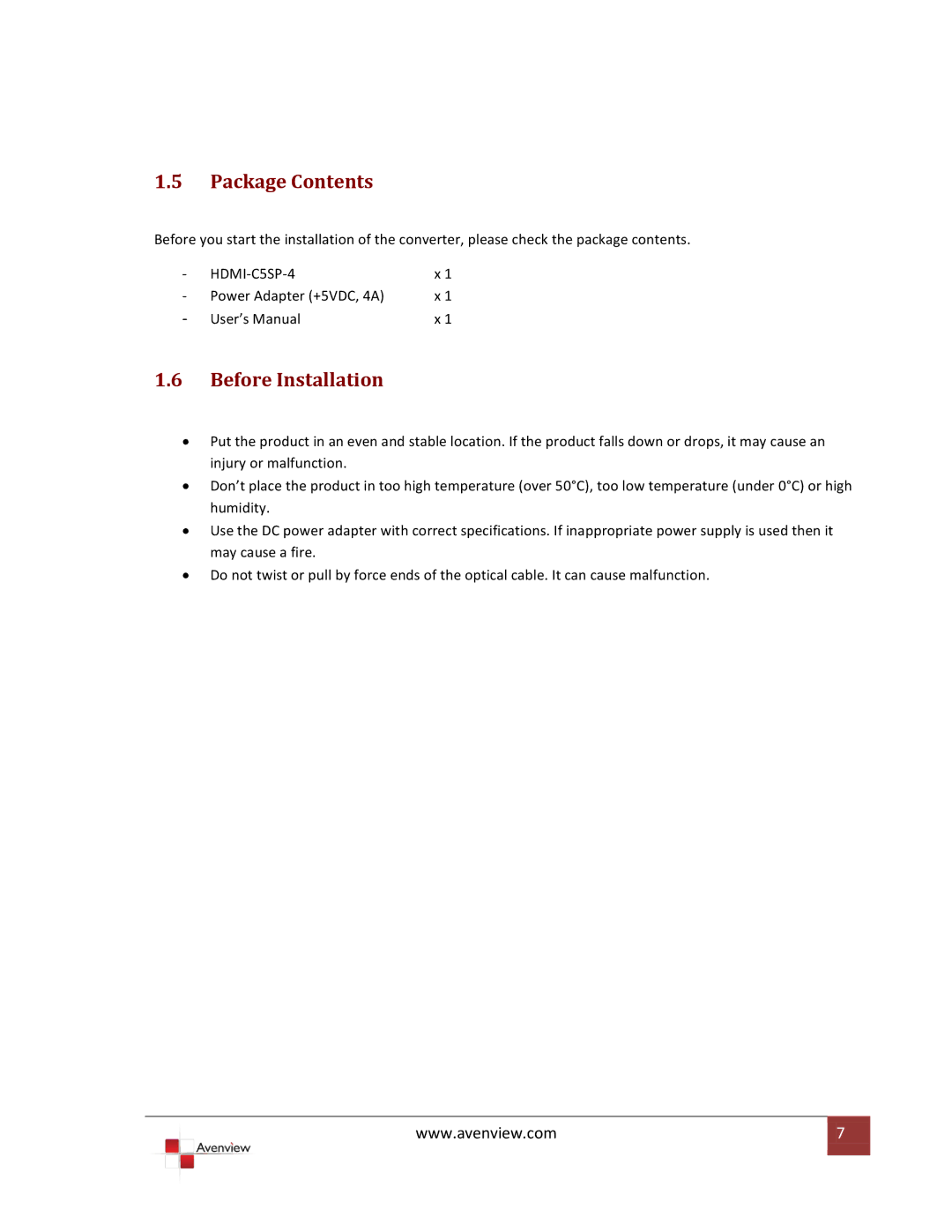 Avenview HDMI-C5SP-4 specifications Package Contents, Before Installation 