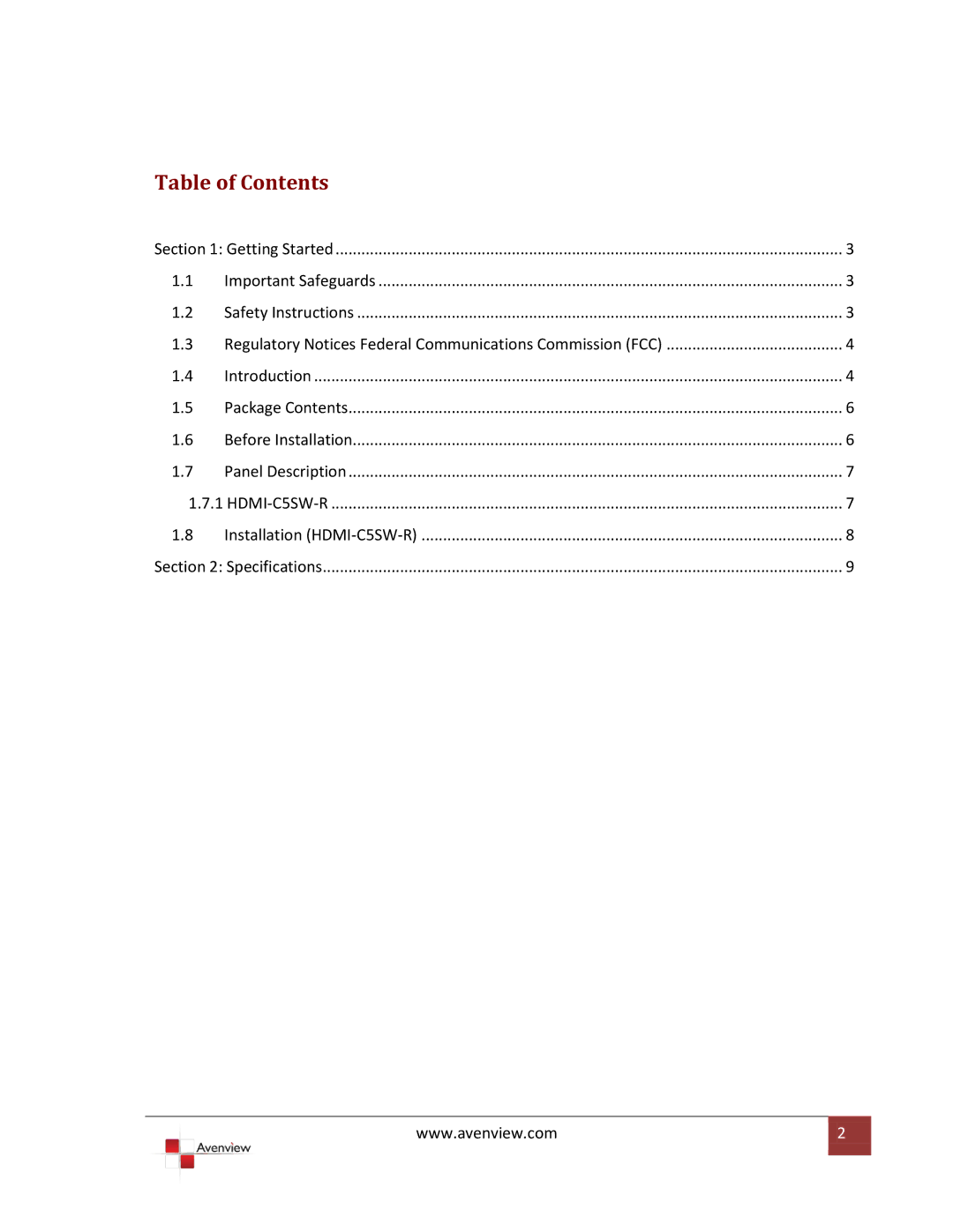 Avenview HDMI-C5SW-R specifications Table of Contents 