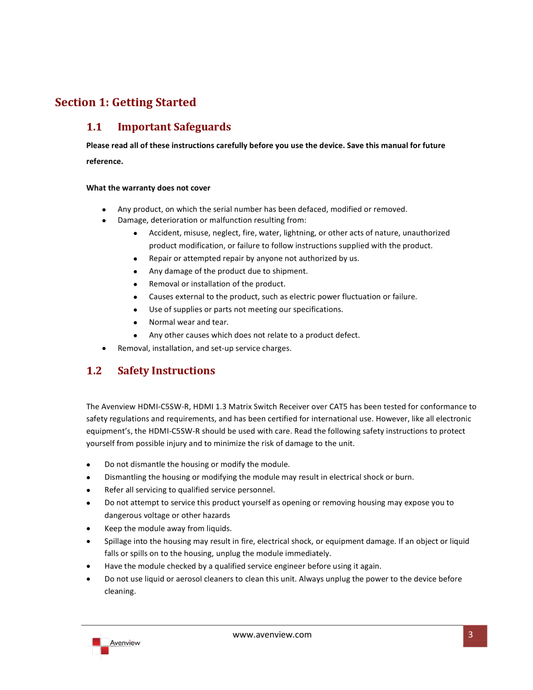 Avenview HDMI-C5SW-R specifications Important Safeguards, Safety Instructions 