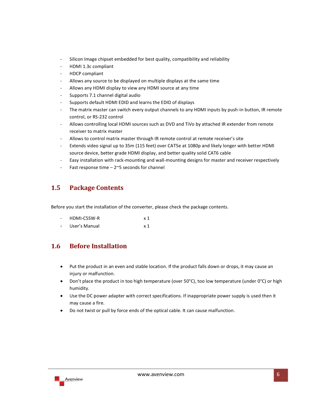 Avenview HDMI-C5SW-R specifications Package Contents, Before Installation 