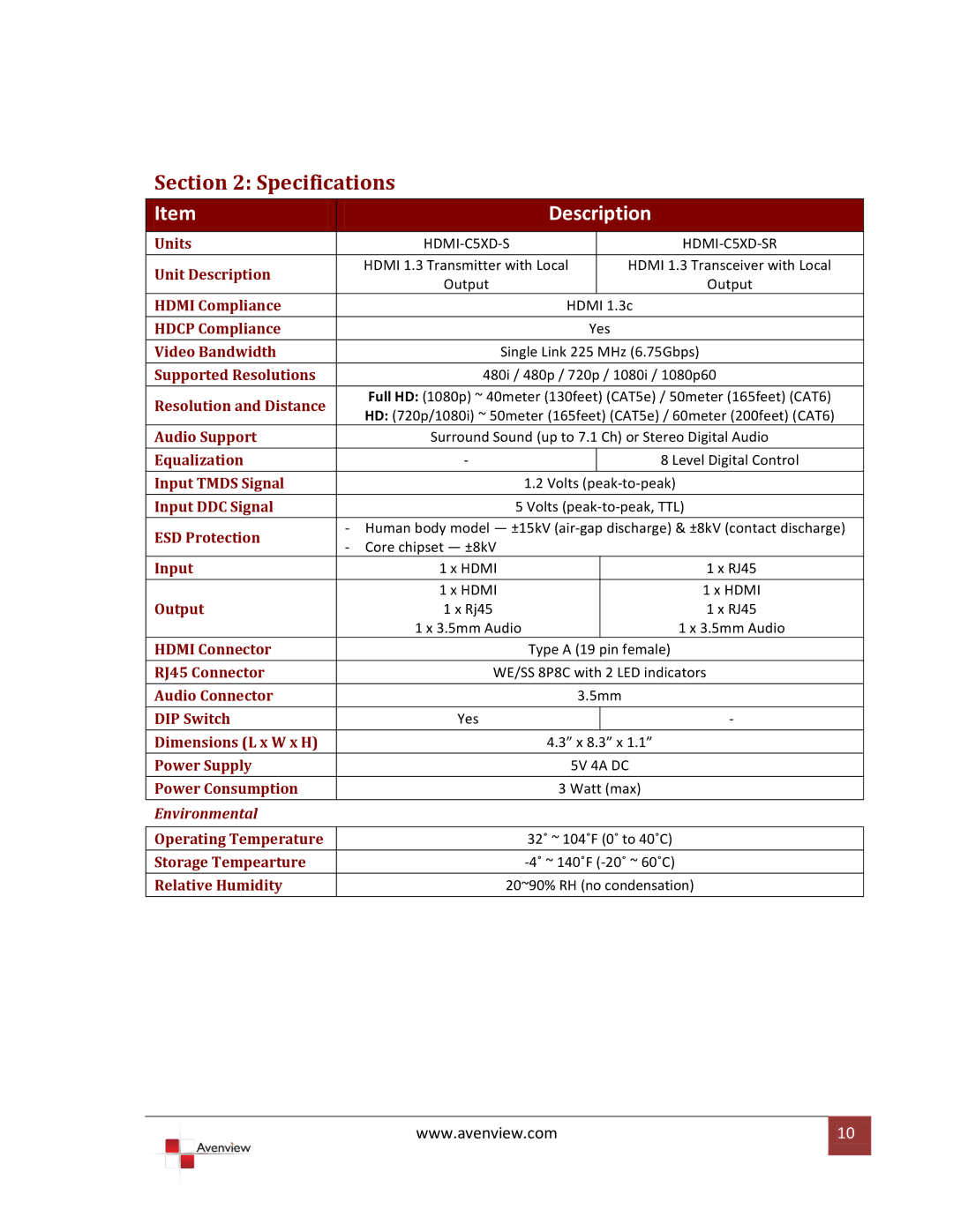 Avenview HDMI-C5XD-SR specifications Specifications, Description 