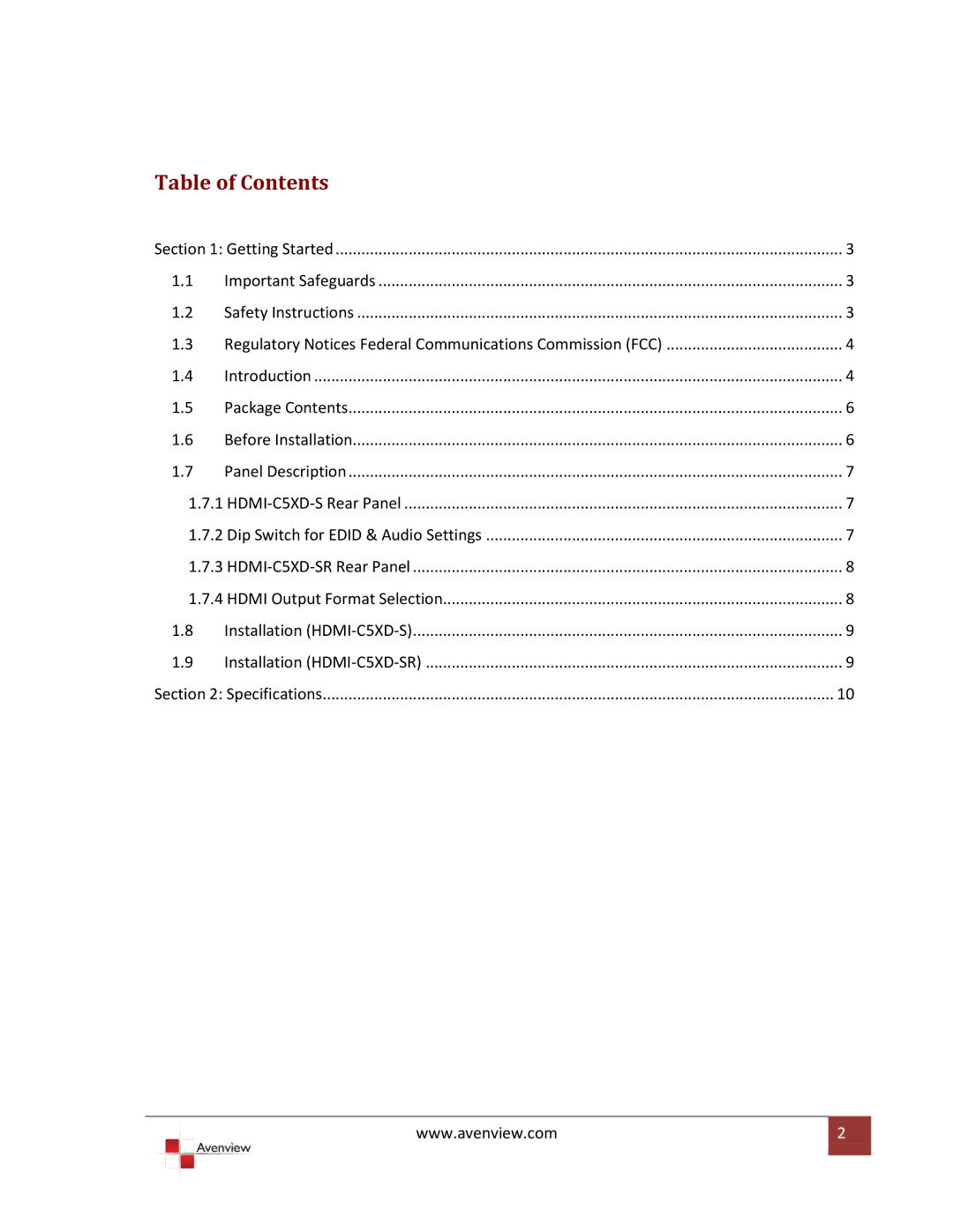 Avenview HDMI-C5XD-SR specifications Table of Contents 