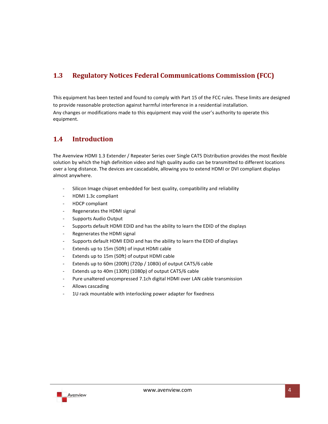 Avenview HDMI-C5XD-SR specifications Regulatory Notices Federal Communications Commission FCC, Introduction 