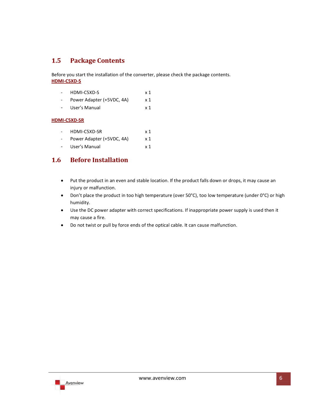 Avenview HDMI-C5XD-SR specifications Package Contents, Before Installation 