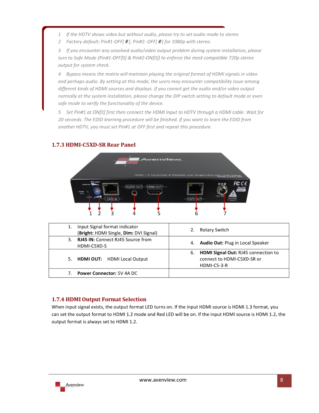 Avenview specifications HDMI-C5XD-SR Rear Panel 