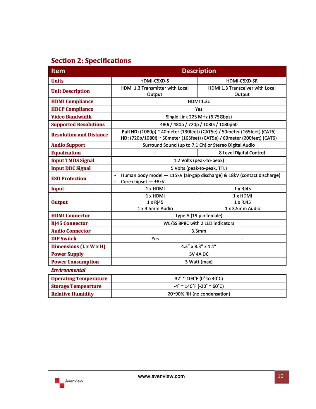 Avenview HDMI-C5XD-SR specifications Specifications, Description, Environmental 