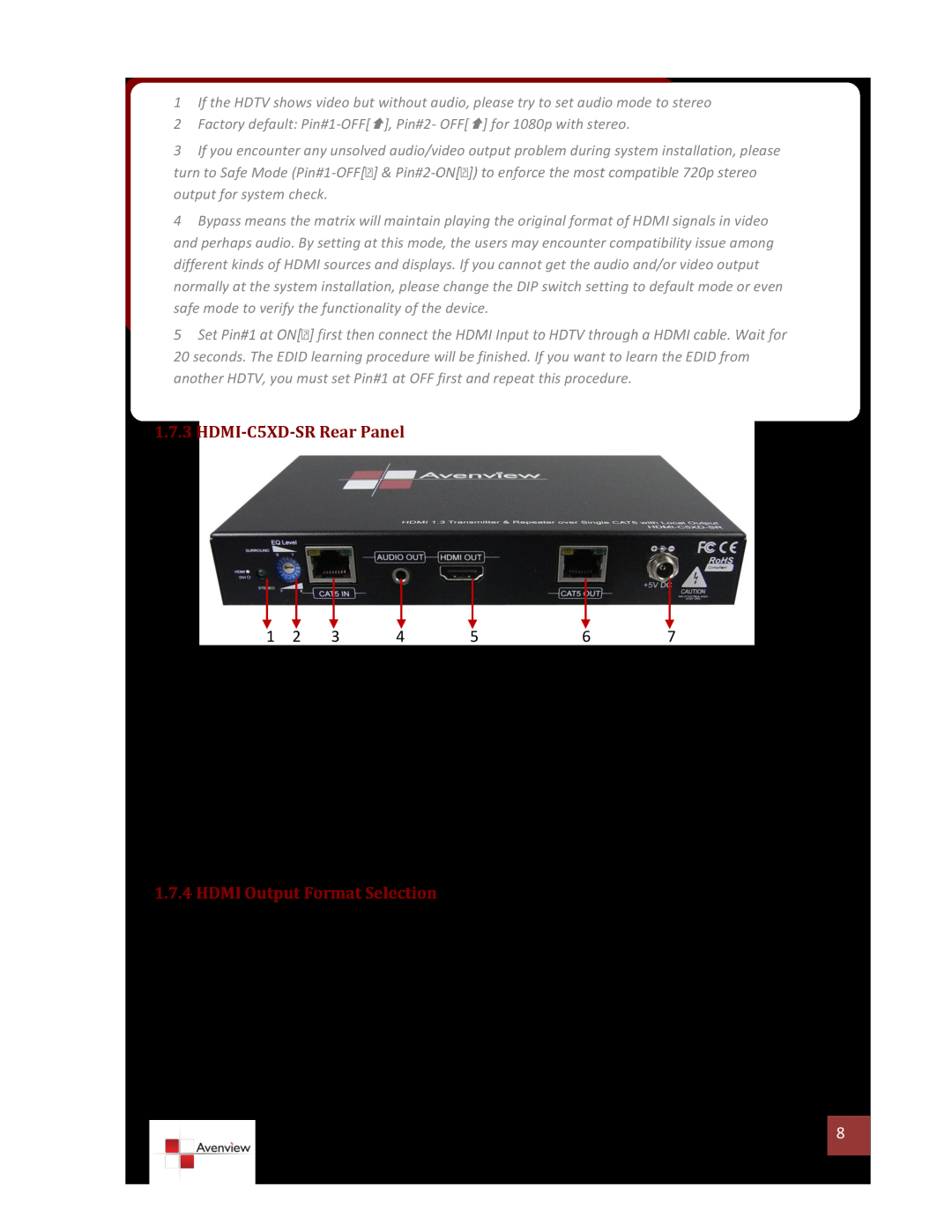 Avenview specifications HDMI-C5XD-SR Rear Panel, HDMI Output Format Selection, Power Connector 5V 4A DC, Hdmi Out 
