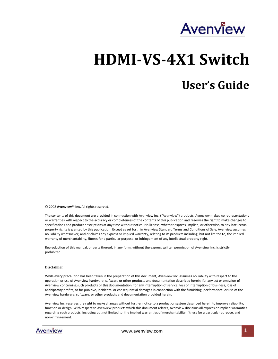 Avenview specifications HDMI-VS-4X1 Switch 