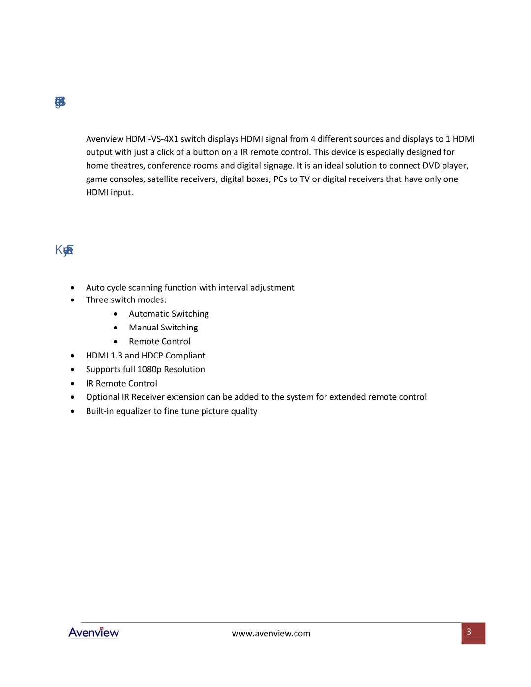 Avenview HDMI-VS-4X1 specifications Getting Started, Key Features 