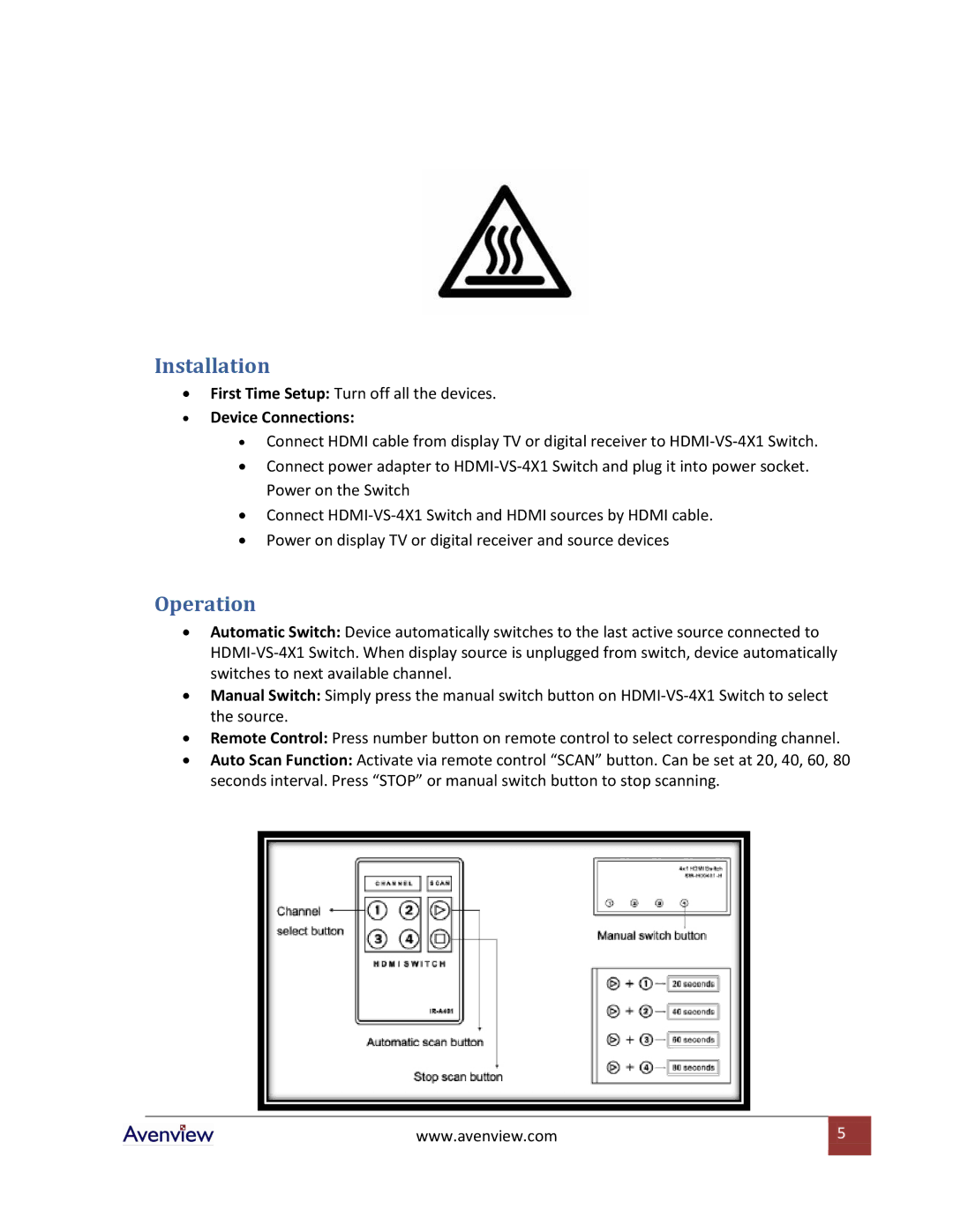 Avenview HDMI-VS-4X1 specifications Installation, Operation 