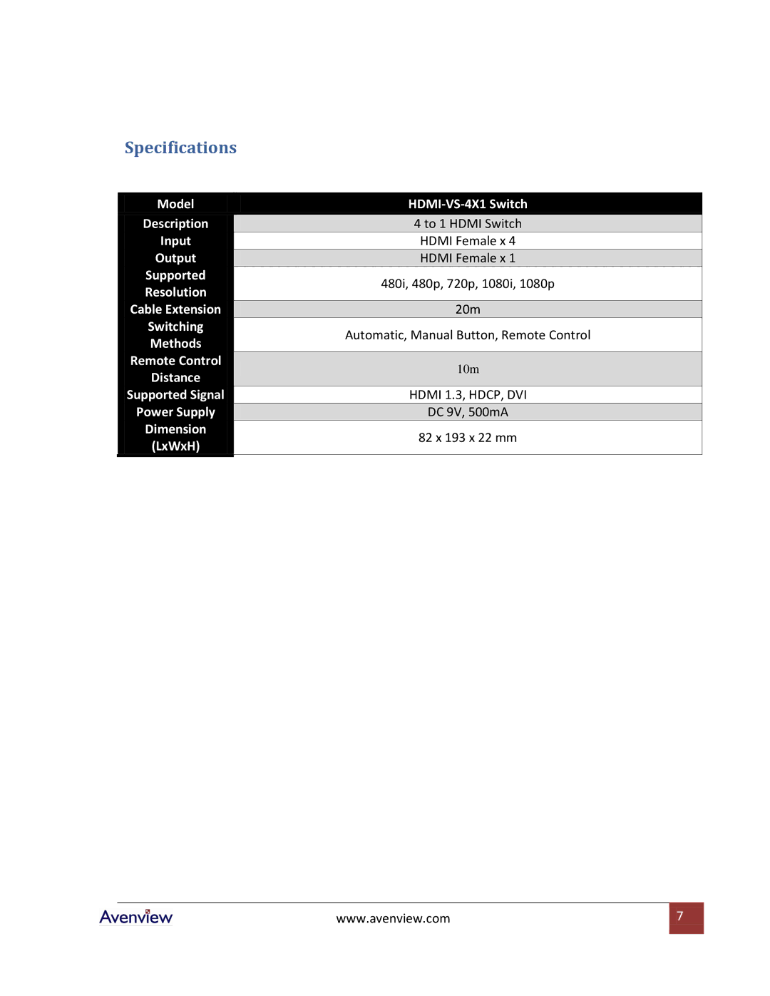 Avenview HDMI-VS-4X1 specifications Specifications 