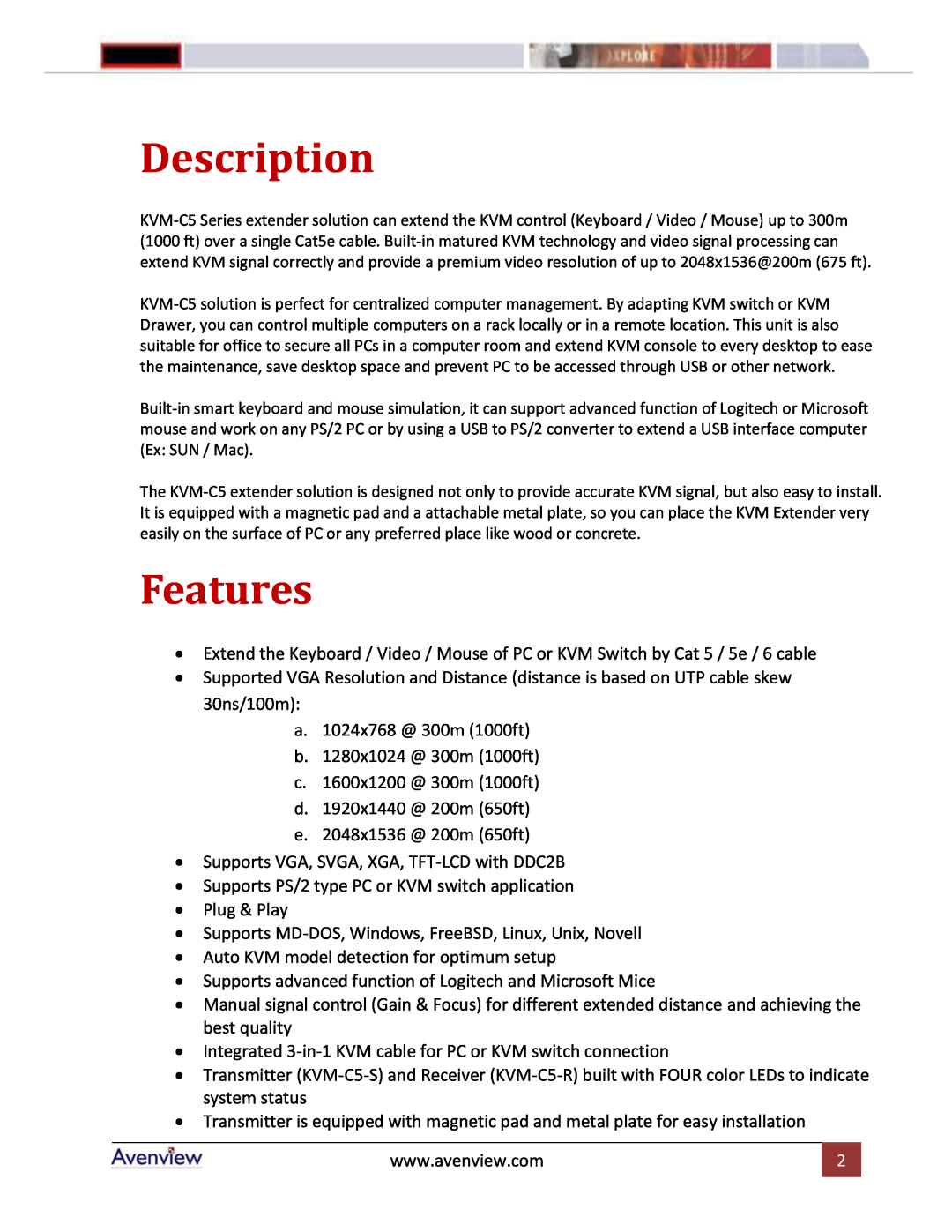 Avenview KVM-C5 Series manual Description, Features 