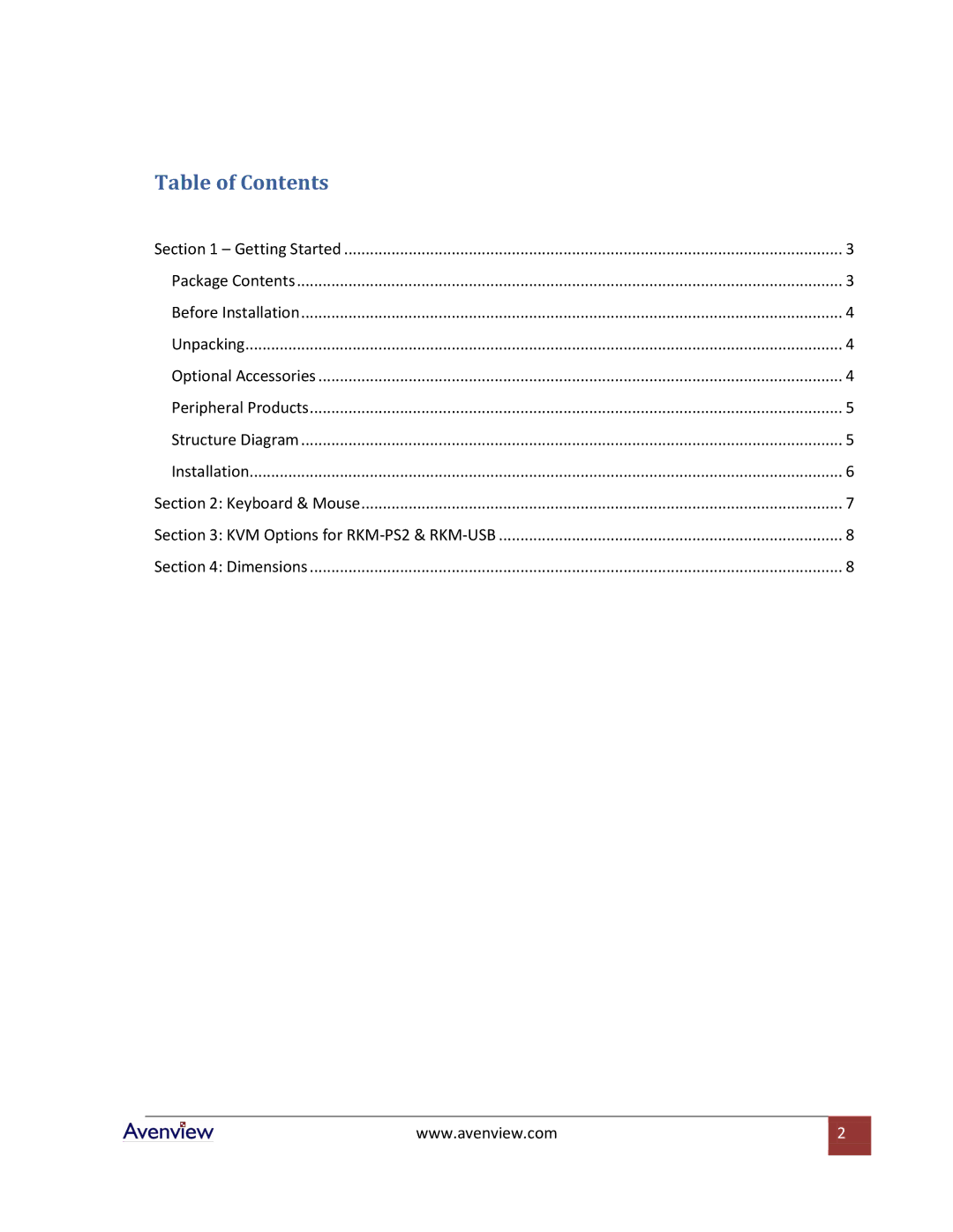 Avenview RKM-PS2-SD specifications Table of Contents 