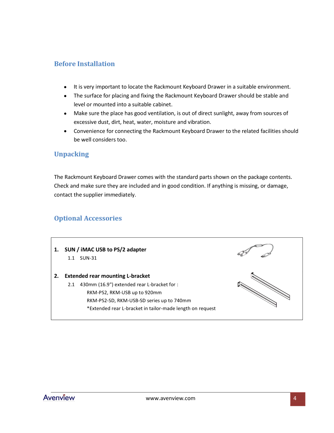 Avenview RKM-PS2-SD specifications Before Installation, Unpacking, Optional Accessories 