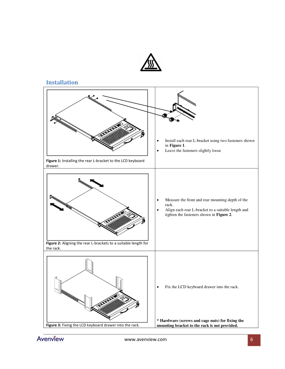 Avenview RKM-PS2-SD specifications Installation, Installing the rear L-bracket to the LCD keyboard drawer 