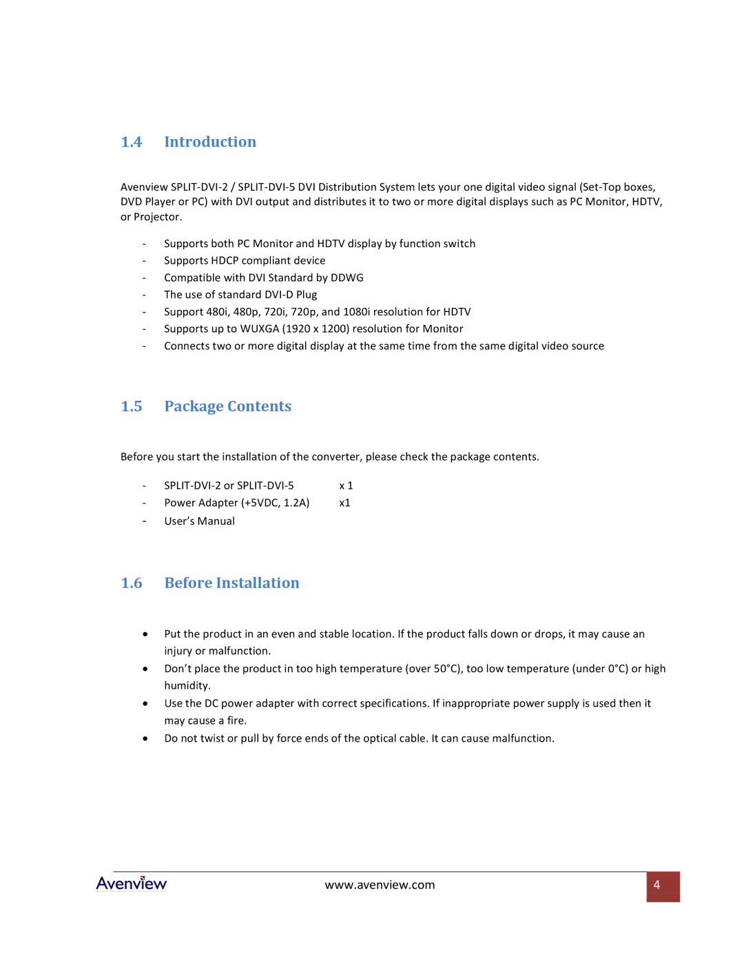 Avenview SPLIT-DVI-2, SPLIT-DVI-5 specifications Introduction, Package Contents, Before Installation 