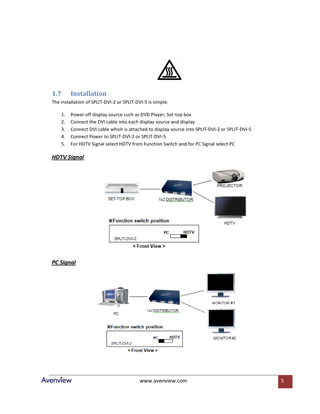 Avenview SPLIT-DVI-5, SPLIT-DVI-2 specifications Installation 