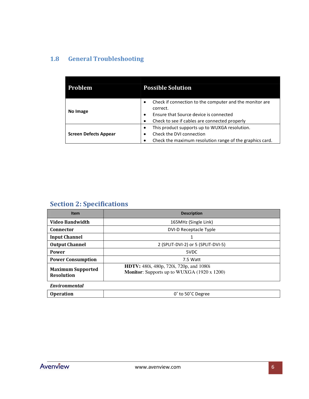 Avenview SPLIT-DVI-2, SPLIT-DVI-5 specifications Specifications, General Troubleshooting 