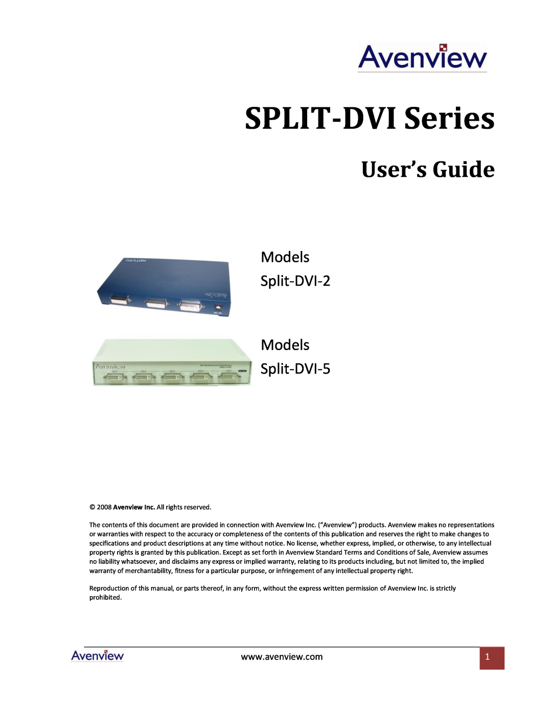 Avenview specifications Model # SPLIT-DVI-2, Port DVI Splitter 