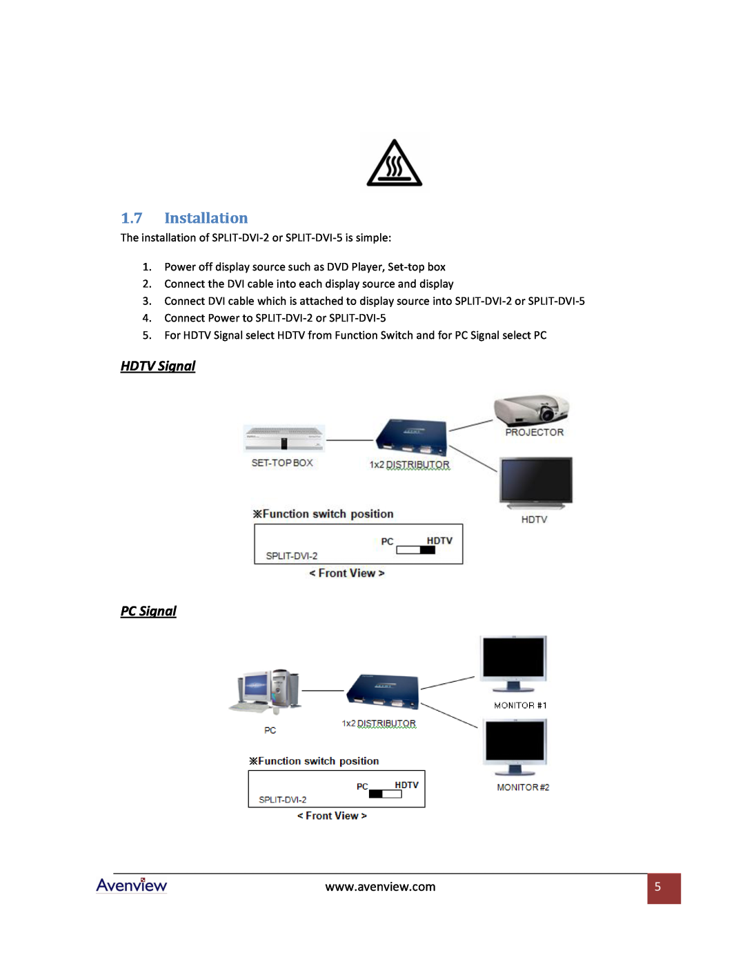 Avenview SPLIT-DVI-5, SPLIT-DVI-2 specifications Installation, HDTV Signal PC Signal 