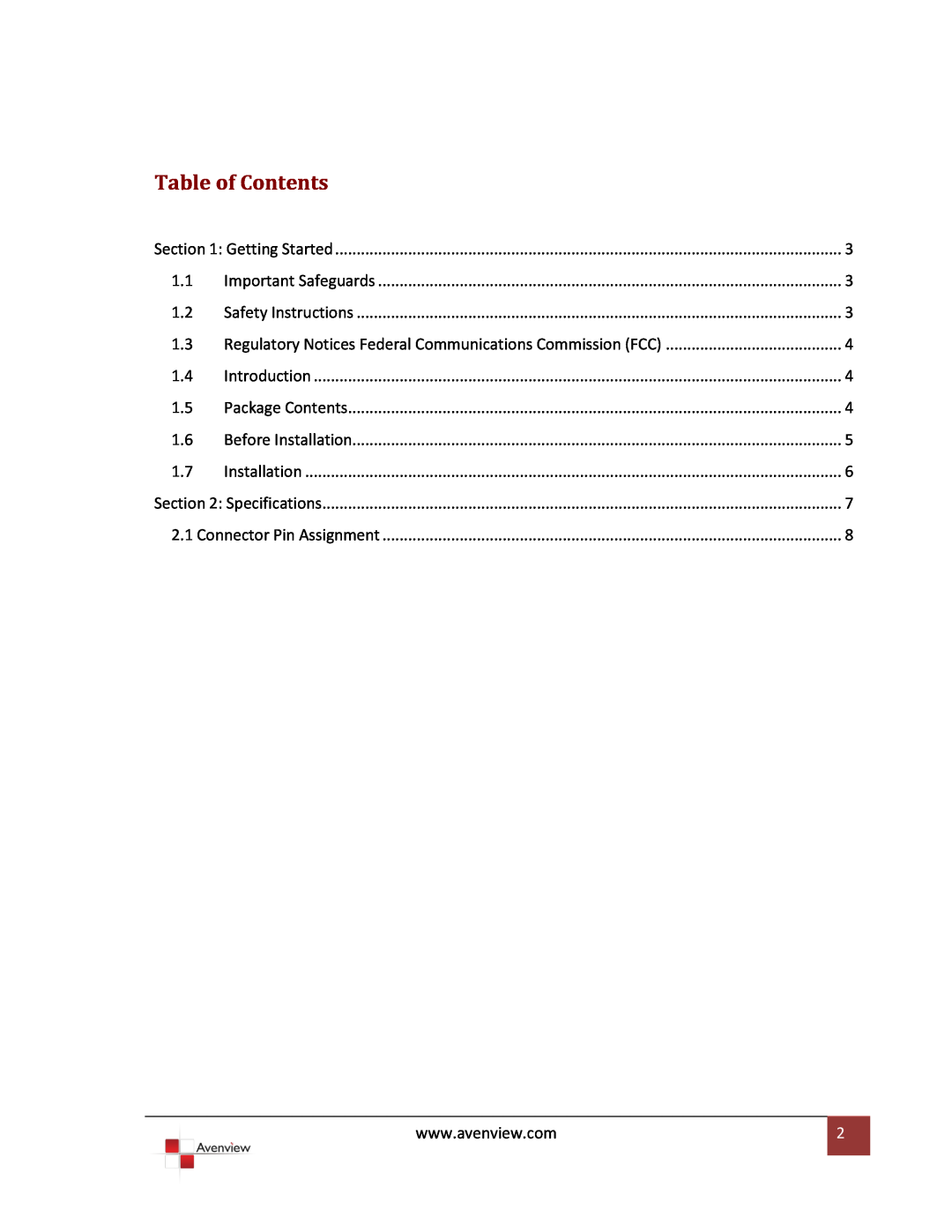 Avenview SPLIT-DVI-2 specifications Table of Contents, Regulatory Notices Federal Communications Commission FCC 
