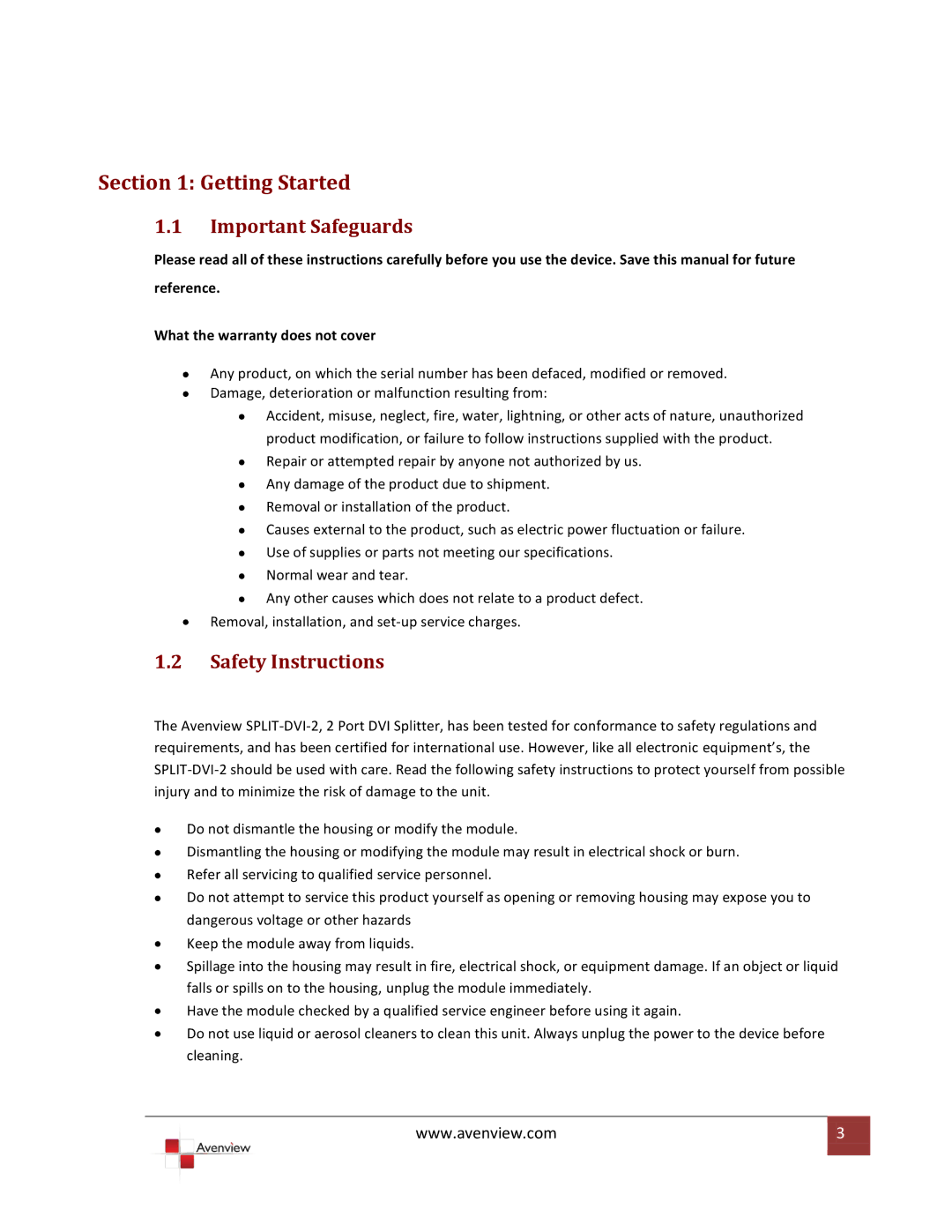 Avenview SPLIT-DVI-2 specifications Important Safeguards, Safety Instructions 