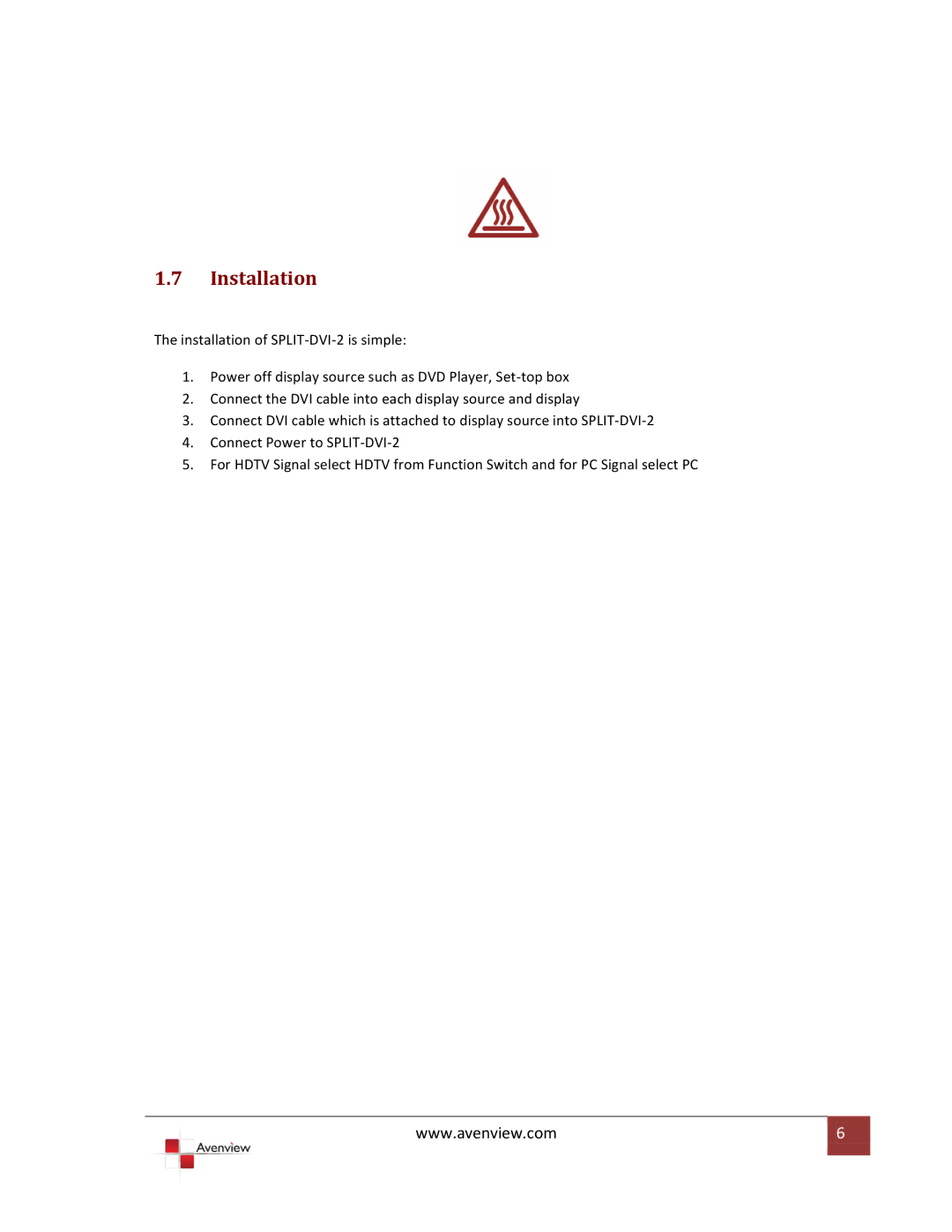 Avenview SPLIT-DVI-2 specifications Installation 