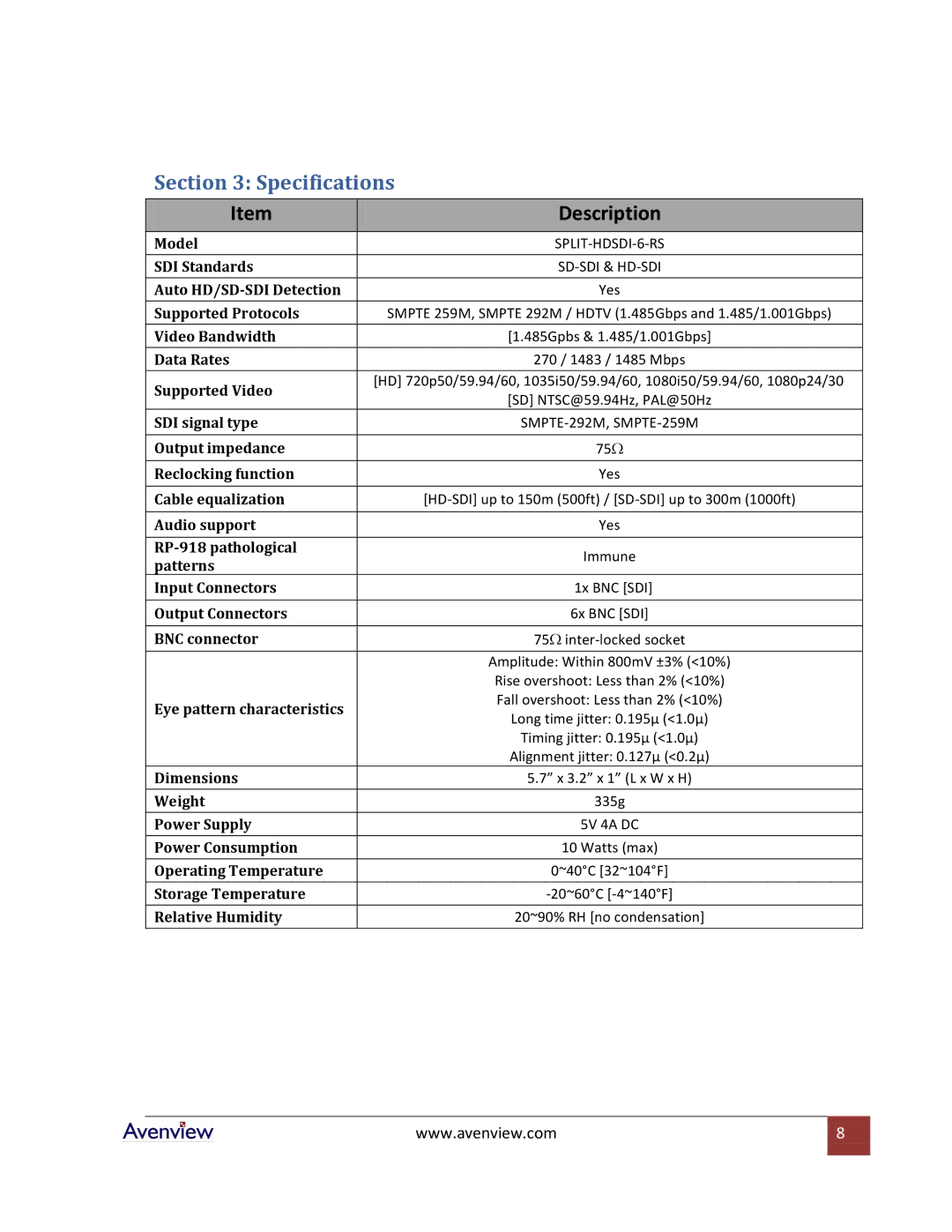 Avenview SPLIT-HDSDI-6-RS specifications Specifications, Description 