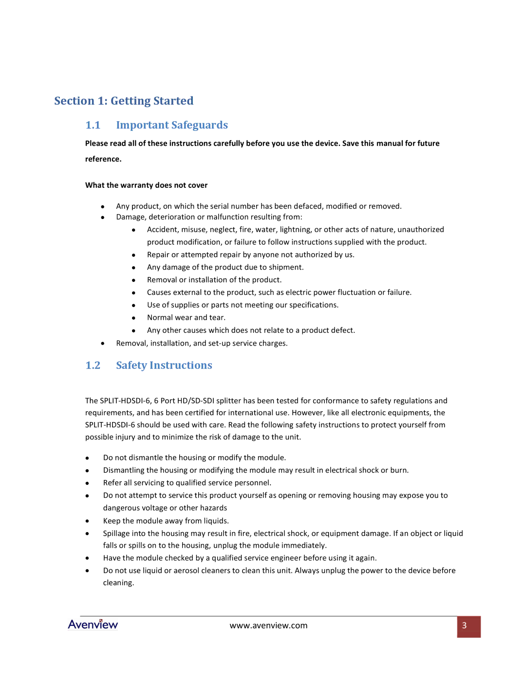 Avenview SPLIT-HDSDI-6 specifications Getting Started, Important Safeguards, Safety Instructions 