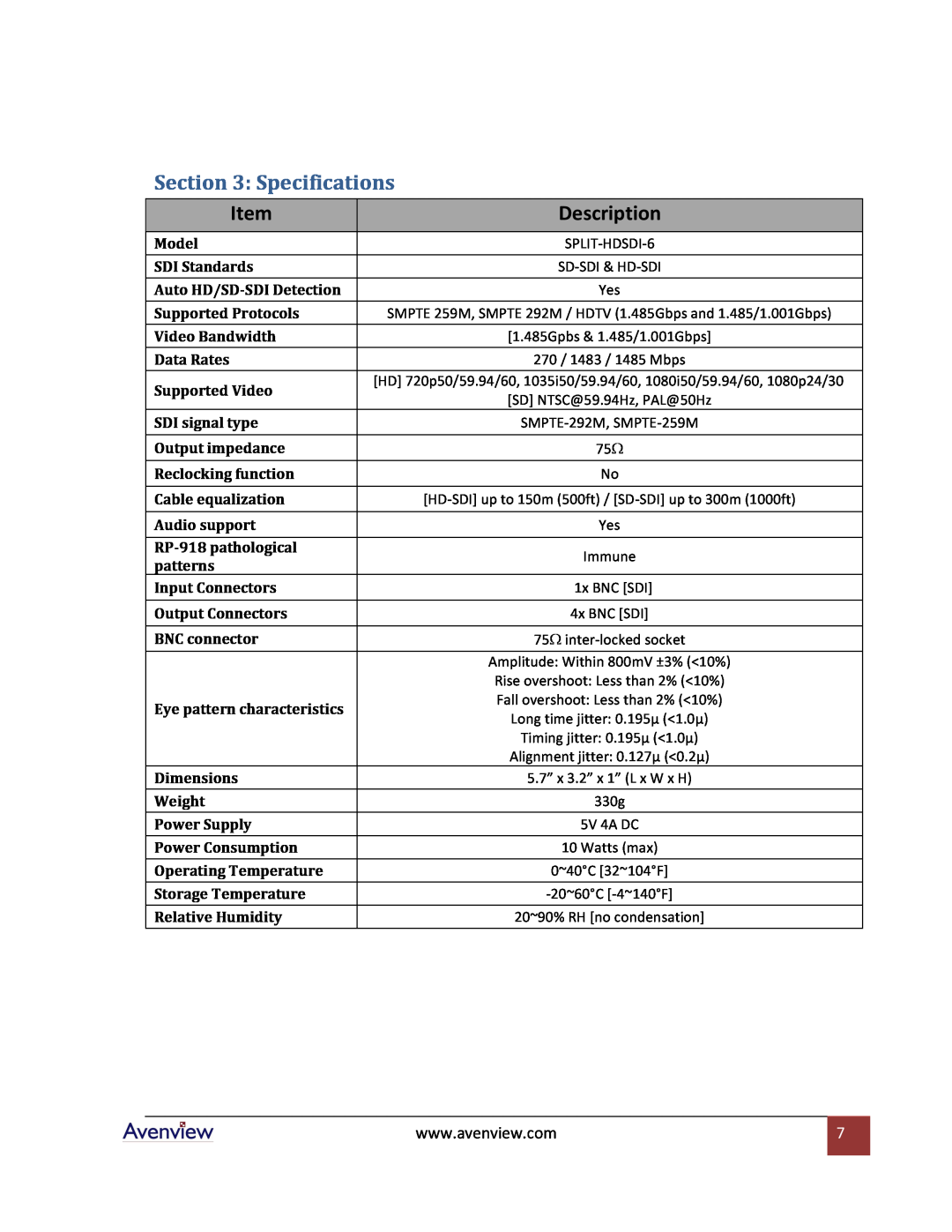 Avenview SPLIT-HDSDI-6 specifications Specifications, Description 