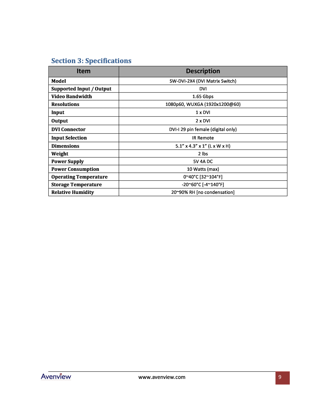Avenview SW-DVI-2X4 specifications Specifications, Description 