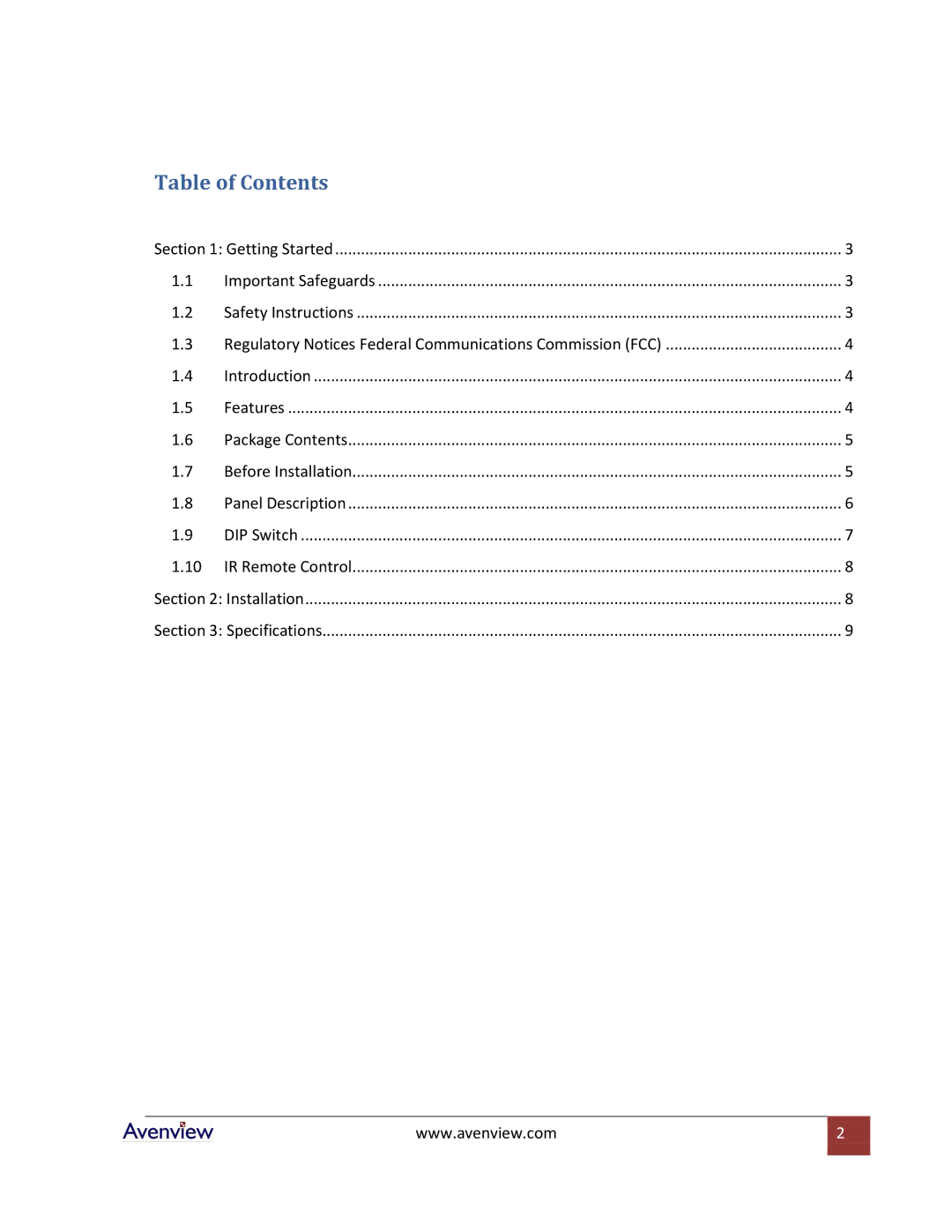 Avenview SW-DVI-2X4 specifications Table of Contents 